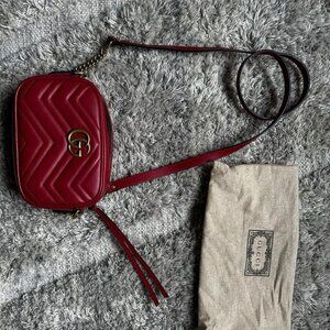 Preowned Like New Gucci Calfskin Mini GG Marmont Chain Shoulder Bag Hibiscus Red